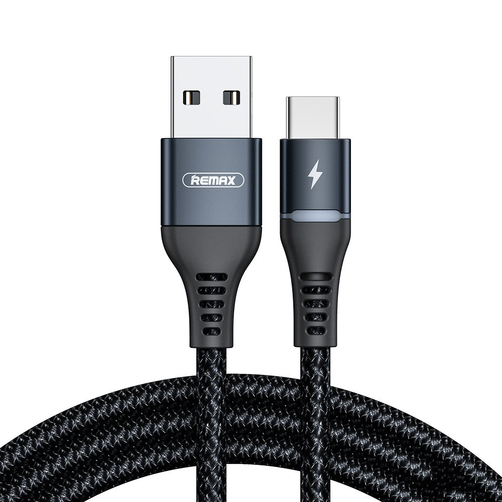 Remax Odolný nylonový pletený drôt USB - kábel USB typu C s LED svetlom 2,4 A 1 m čierny (RC -152a čierny)