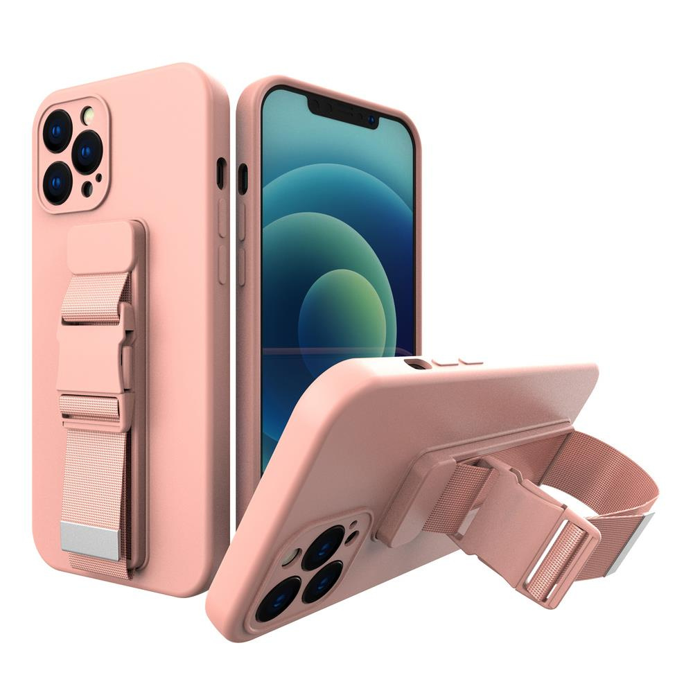Levně Silikonové pouzdro Sporty s popruhem na iPhone 12 Pro 6.1" pink