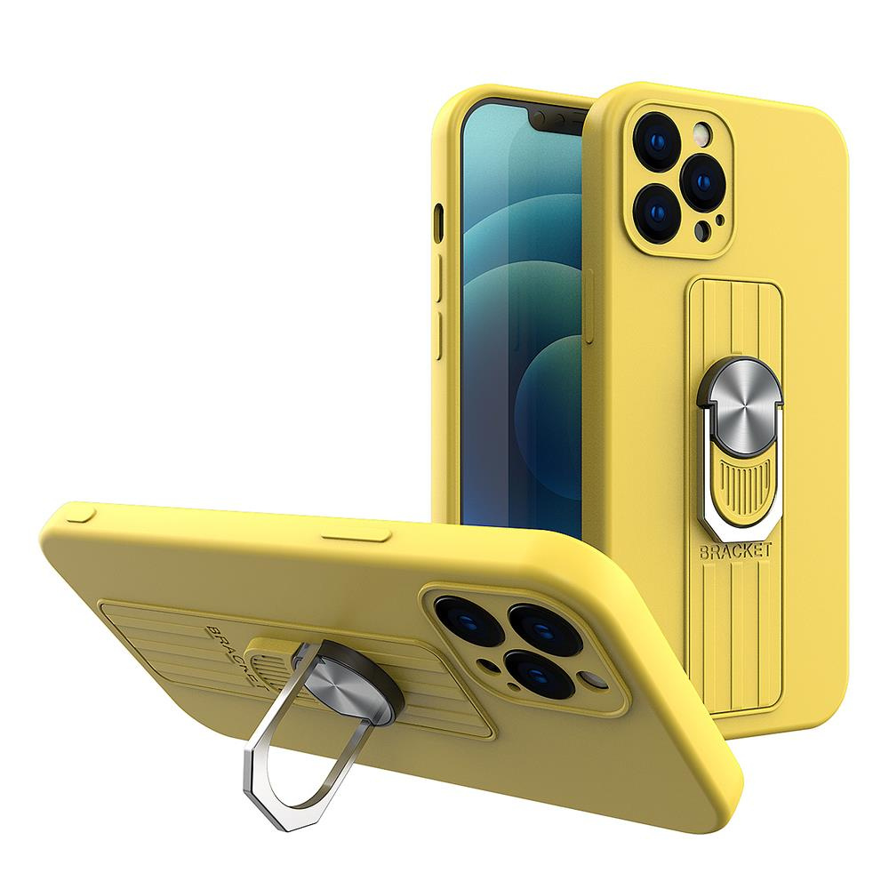 Silikónový obal Ring Case s uchopením na prsty a stojanom pre iPhone 12 mini žltý