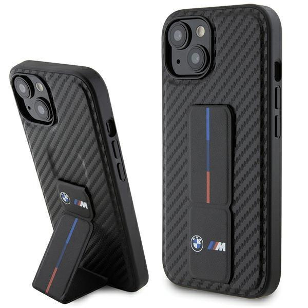 Coque BMW Grip Stand Smooth & Carbon pour iPhone 15 - noire
